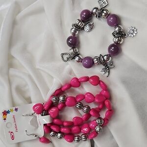 Women's Teens Set of 4 Bracelets 1 Pair Heart Earrings Pink Purple Silver New!